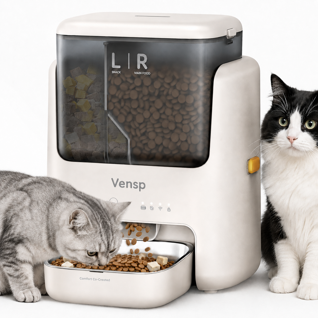 Vensp dual-bin smart pet feeder with two cats