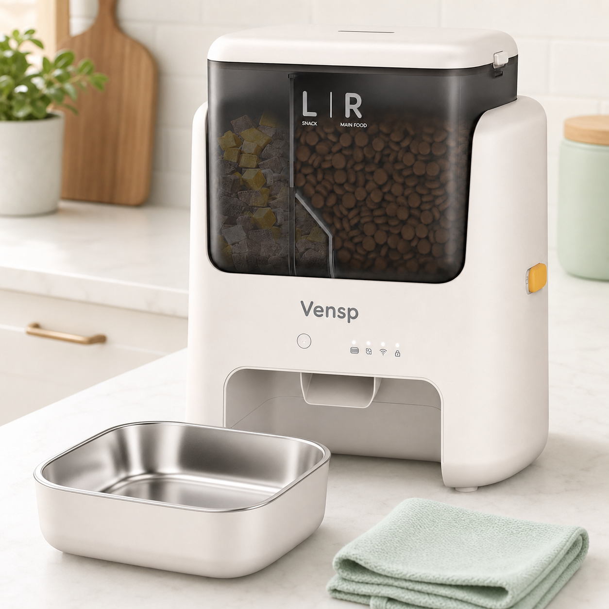 Vensp feeder with its detachable stainless-steel bowl removed for cleaning