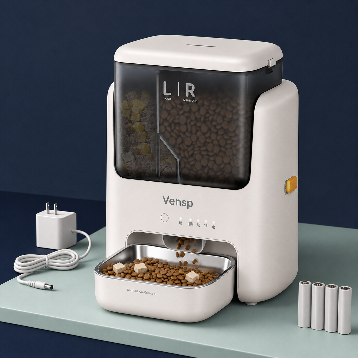 Vensp smart feeder with its power adapter and four AA backup batteries