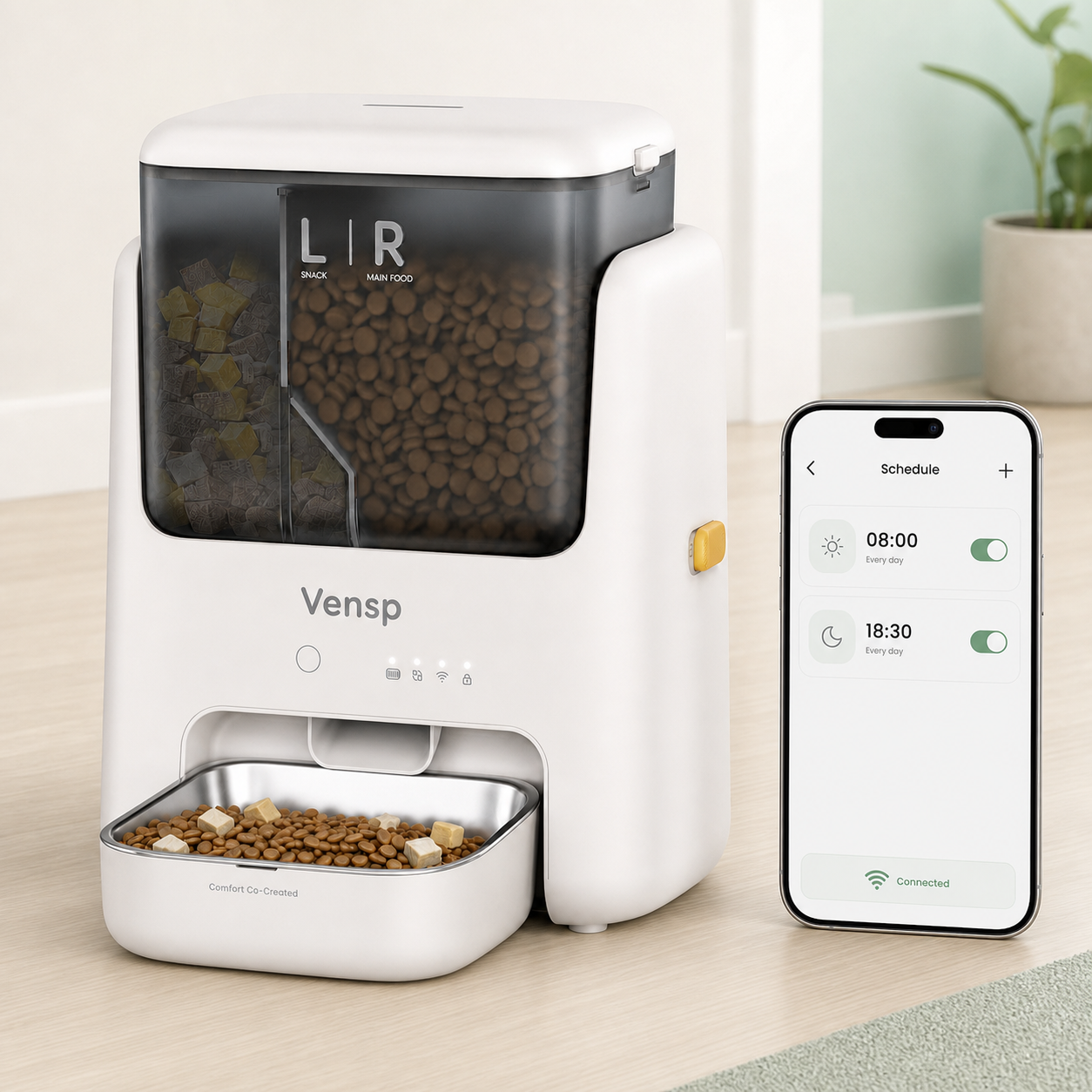 Vensp smart feeder beside a phone showing a daily feeding schedule