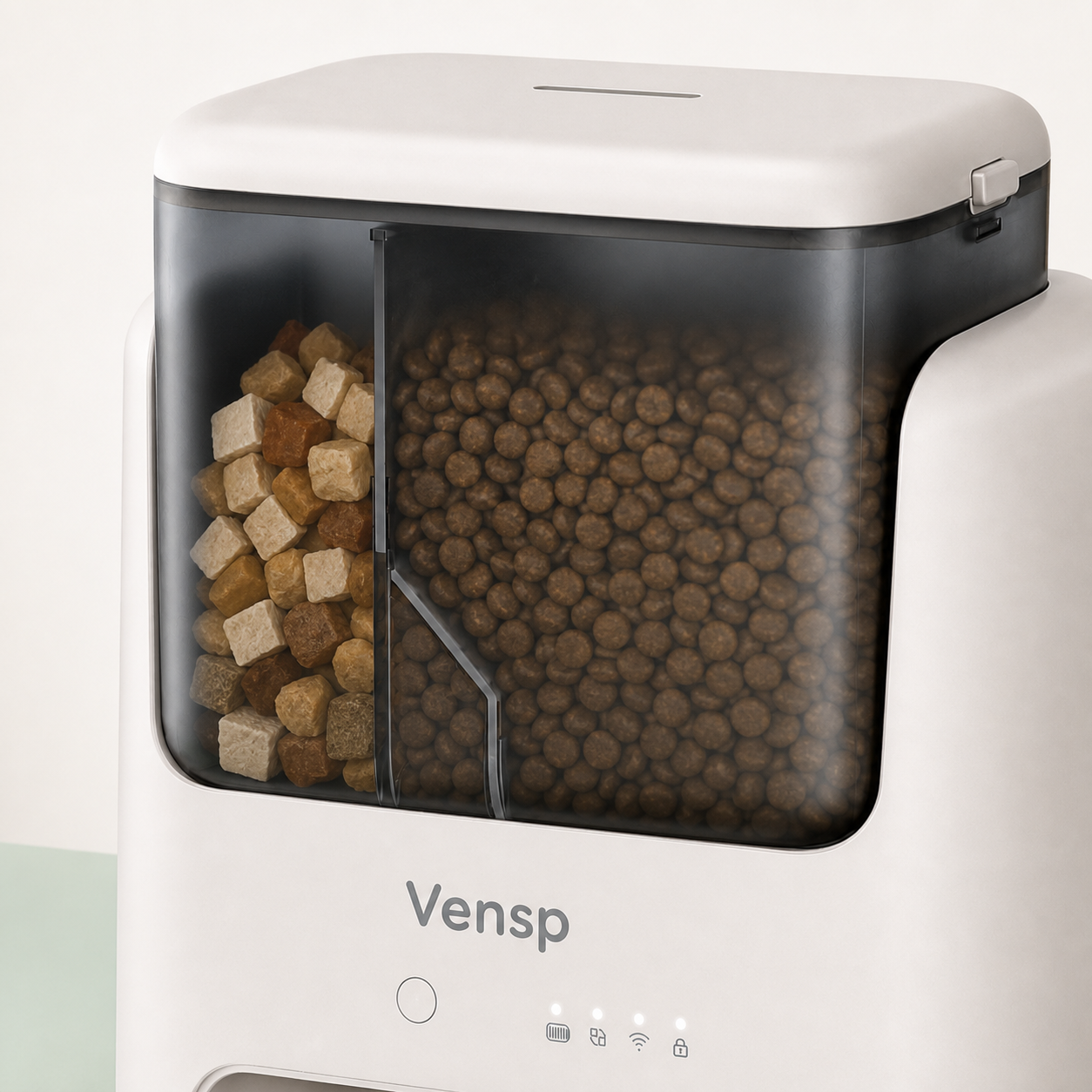 Close-up of the Vensp feeder's separate snack and main-food compartments